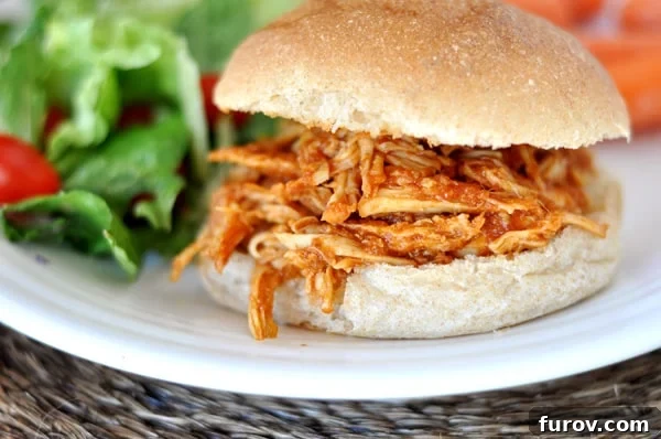 A delicious BBQ pulled chicken sandwich served on a white plate with a fresh green salad on the side.