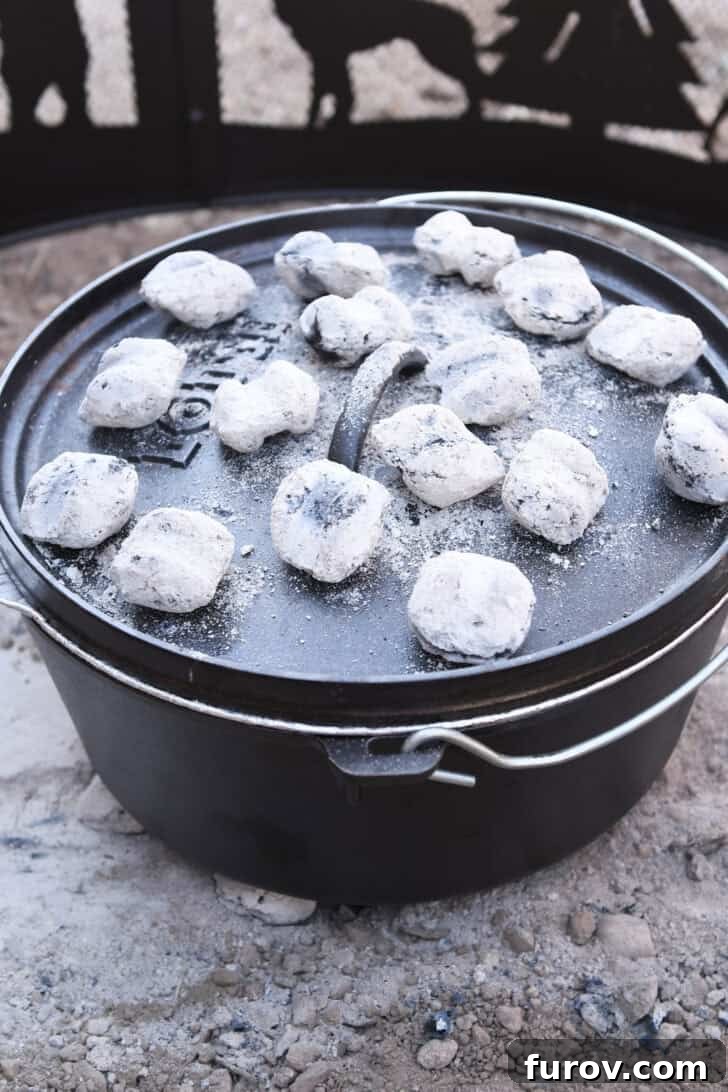 Ultimate Dutch Oven Lasagna 14 Hot briquettes arranged evenly on top of a Dutch oven lid, providing top heat for baking.
