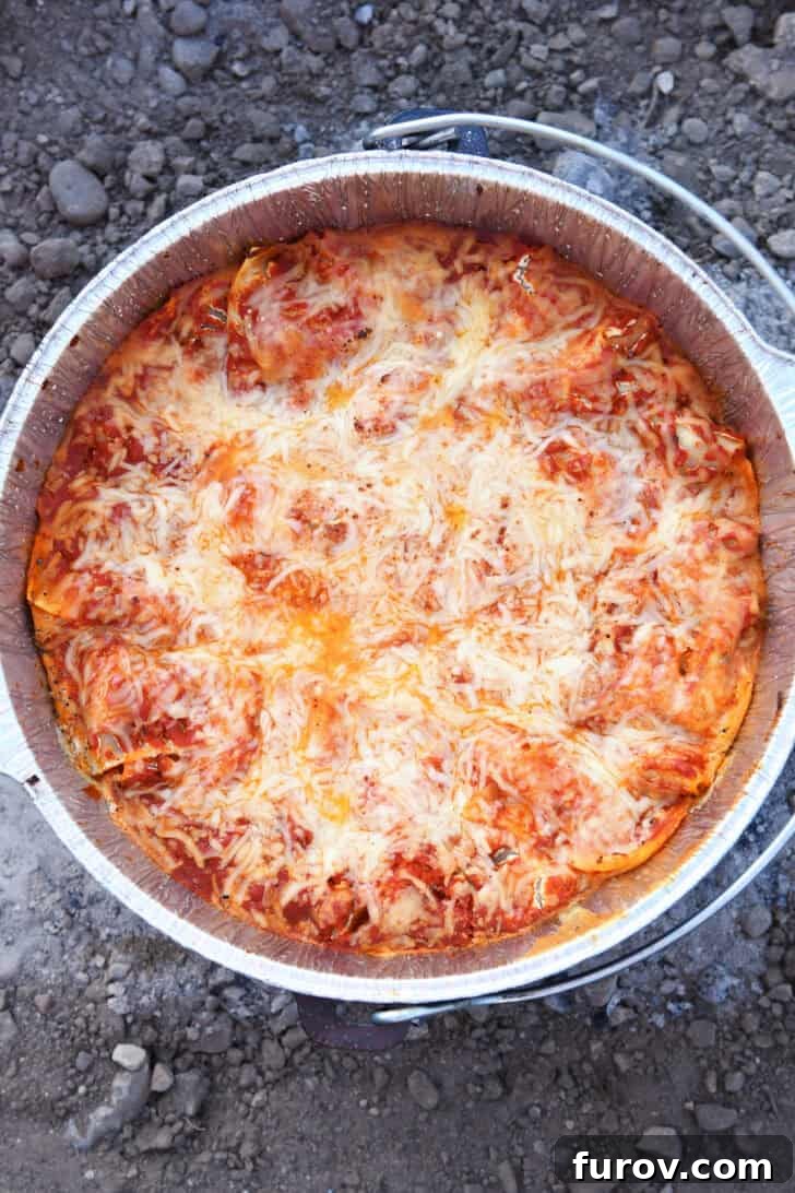 Ultimate Dutch Oven Lasagna 16 Top-down view of a perfectly cooked, golden-brown lasagna in a Dutch oven with its liner, bubbling with cheese.