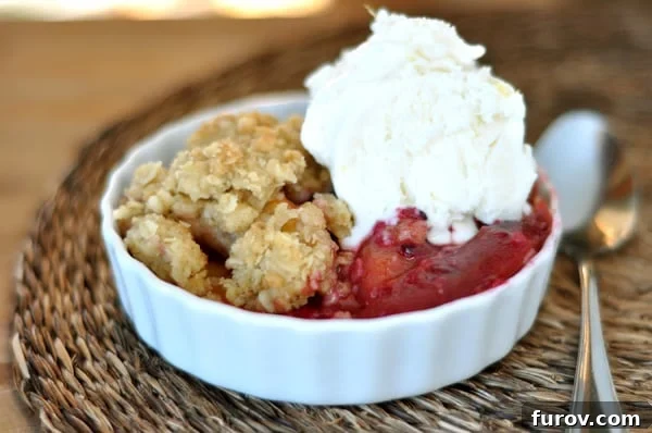 White ramekin with baked nectarine crumble and a scoop of vanilla ice cream.