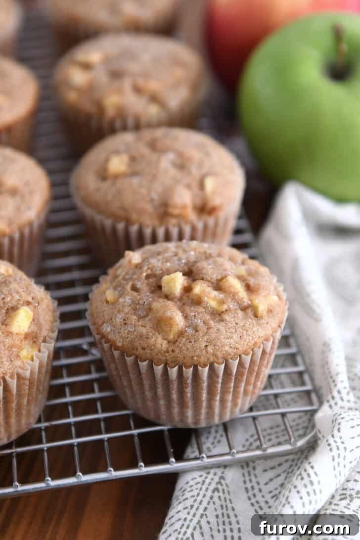 Spiced Apple Cinnamon Treats 2 Several golden brown apple cinnamon muffins cooling on a wire rack with fresh apples in the soft-focus background.