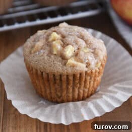 An unwrapped apple muffin on a paper liner, ready to be served or enjoyed.