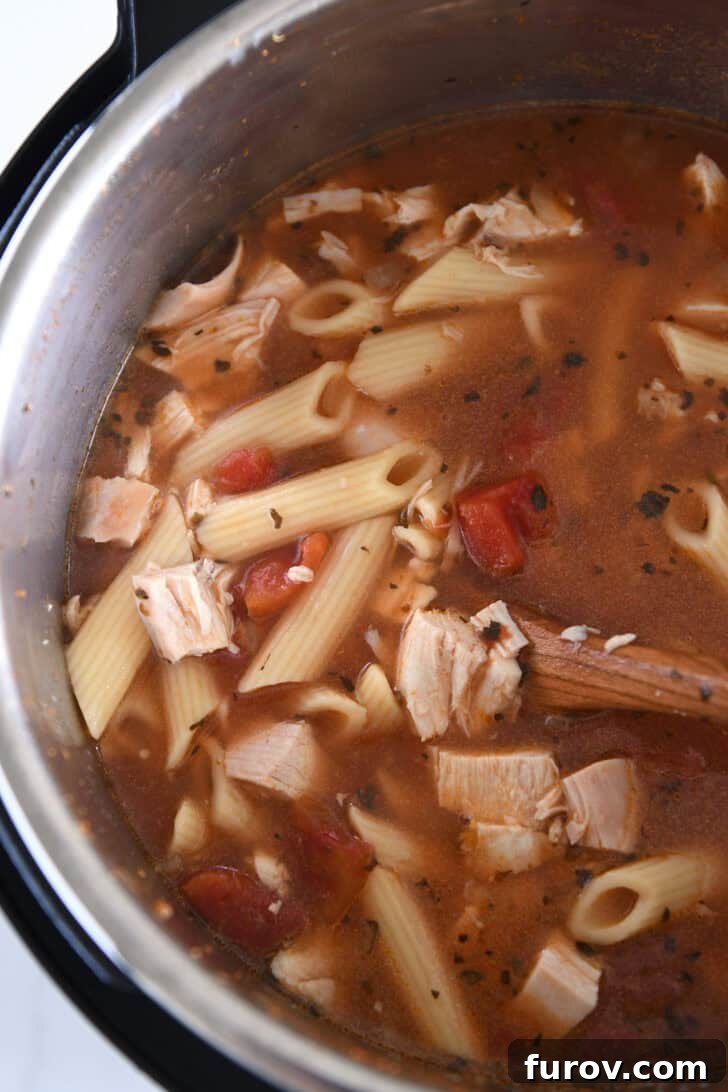 A comforting mix of perfectly cooked pasta, flavorful diced tomatoes, tender cooked chicken, and aromatic seasonings, all ready to be served from the Instant Pot.