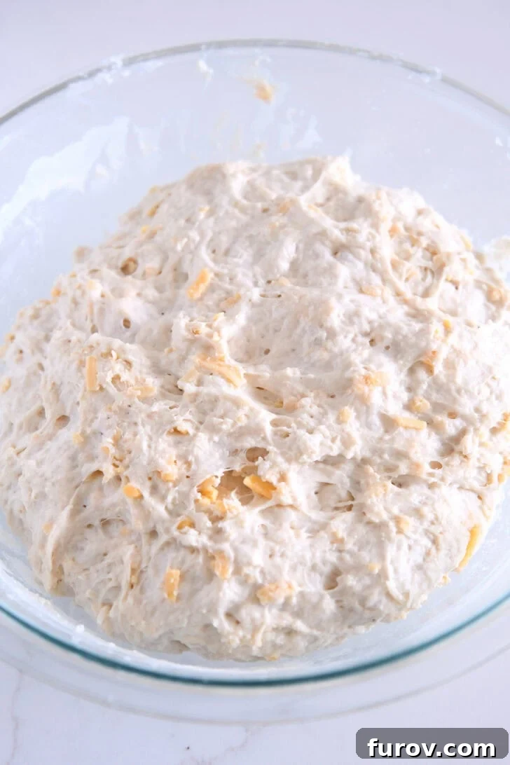 Mixed and perfectly risen cheesy peasant bread dough in a glass bowl, ready for baking.