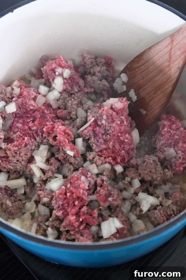 Dutch oven with ground beef, onions, and garlic cooking together.