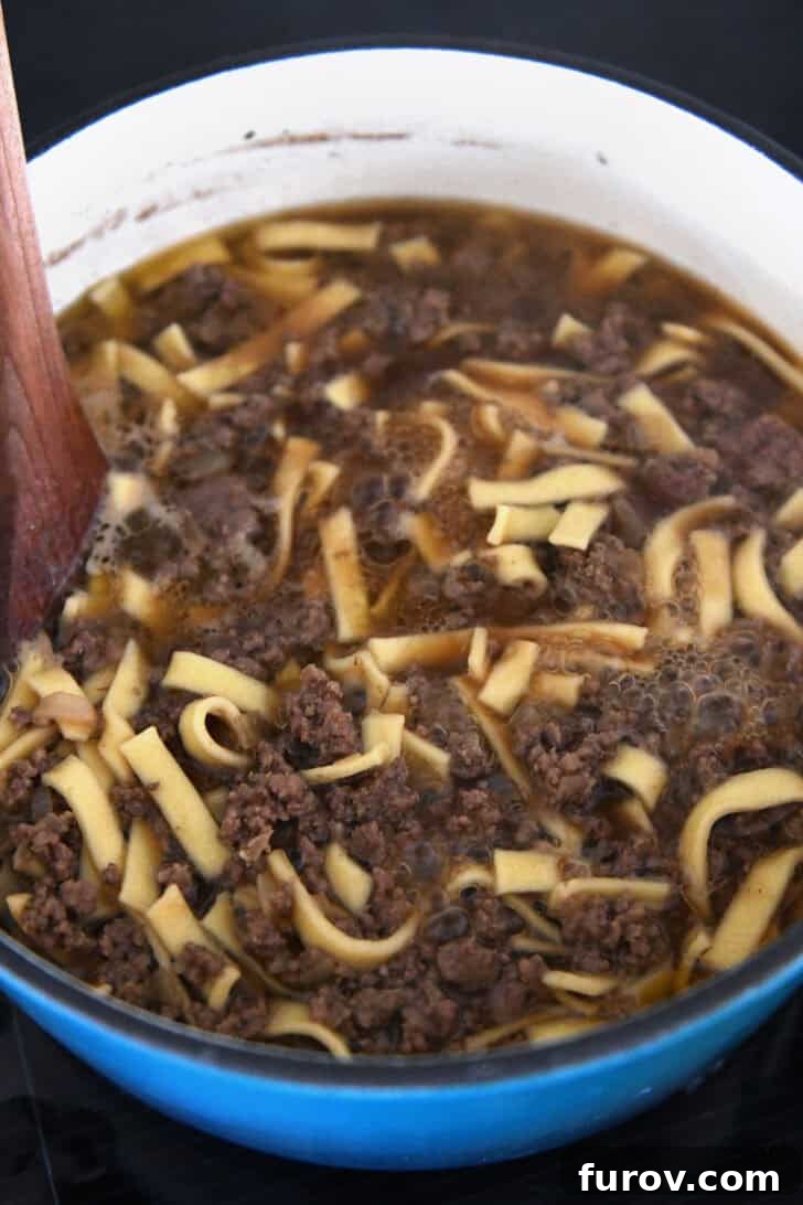 Dutch oven with cooked country-style noodles, ground beef and beef broth simmering.