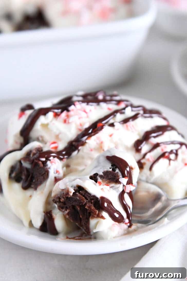 Spoon scooping bite of brownie pudding trifle on white plate.