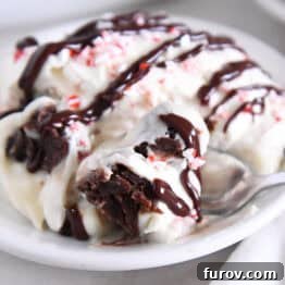 Spoon scooping bite of brownie pudding trifle on white plate.