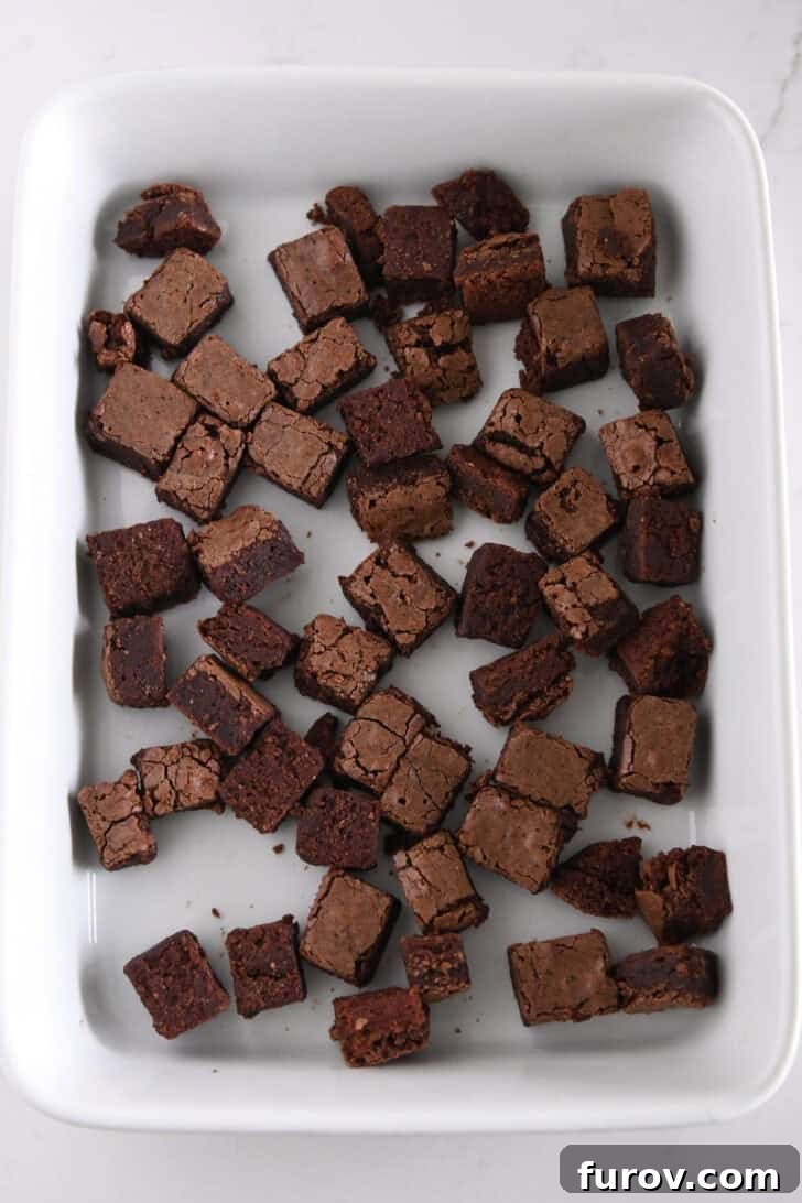 Brownie cubes scattered in bottom of 9X13-inch white dish.