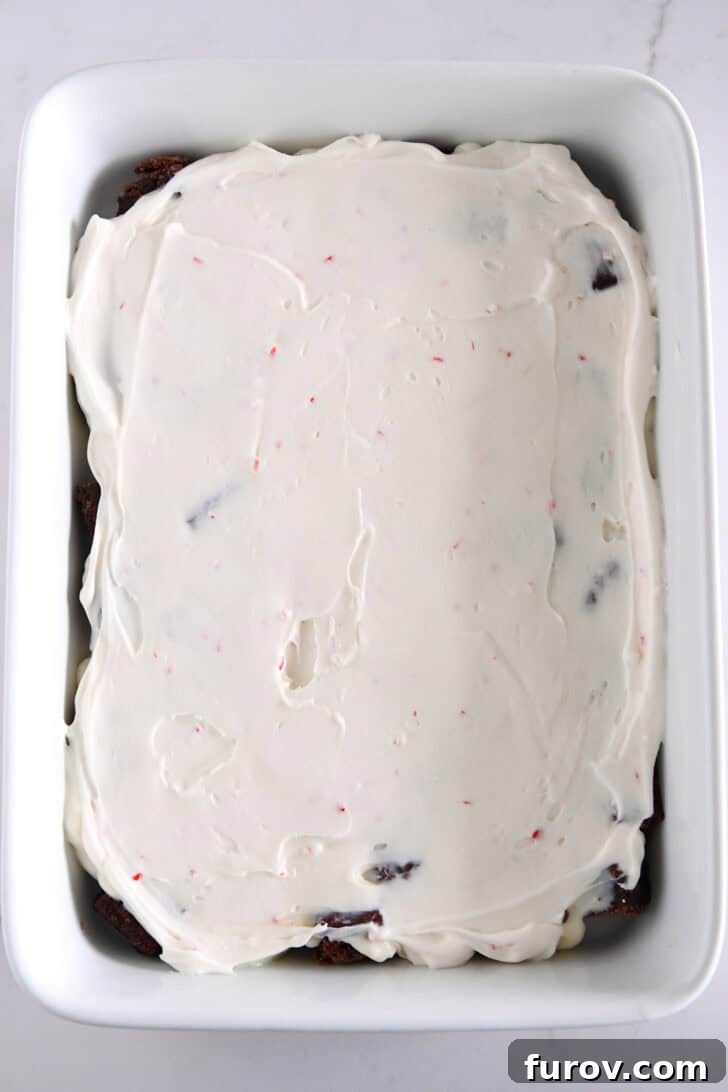 Peppermint cream cheese layer over pudding and brownies in white dish.