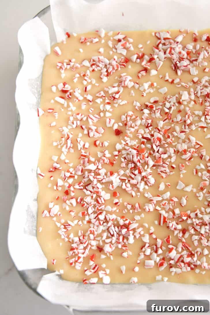 Candy Cane Swirl Fudge 6 A top-down view of the partially completed peppermint bark fudge in a parchment-lined baking pan, showing the creamy white chocolate layer generously topped with vibrant crushed peppermint pieces.
