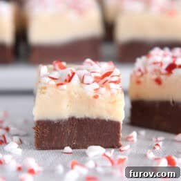Two pieces of peppermint bark fudge, showing the dark and white chocolate layers with crushed peppermint on top.