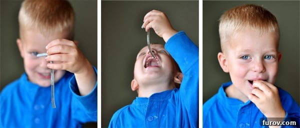 A little boy with 3 side-by-side shots eating a Jello worm.