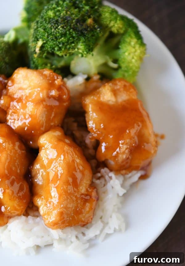 Tangy Honey Glazed Chicken 11 Top-down perspective of baked sweet and sour chicken over rice on a white plate, showcasing the glazed chicken.