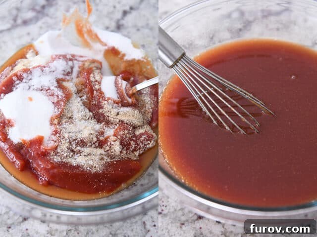 Tangy Honey Glazed Chicken 8 A glass bowl containing a freshly whisked mixture of ketchup, vinegar, sugar, and garlic powder – the base for the sweet and sour sauce.