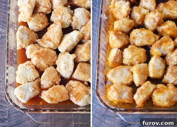 Tangy Honey Glazed Chicken 9 Side-by-side view of two baking pans: one with unbaked sweet and sour chicken, and the other showing the glistening, baked result.