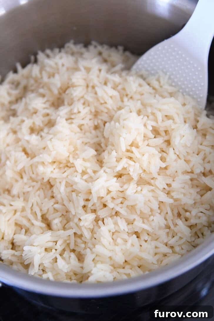 A stainless steel pot filled with perfectly fluffy cooked rice, ready to be served with a white serving spoon resting on its side.
