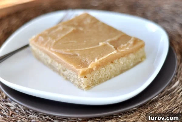 Texas Sized Peanut Butter Bliss Cake 3 A rectangular piece of luscious frosted peanut butter sheet cake on a simple white plate, ready for serving.