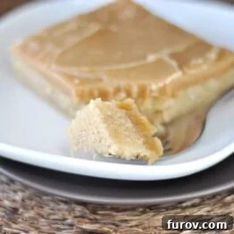 A close-up shot of a slice of Peanut Butter Texas Sheet Cake, highlighting its soft texture and the generous layer of peanut butter frosting.