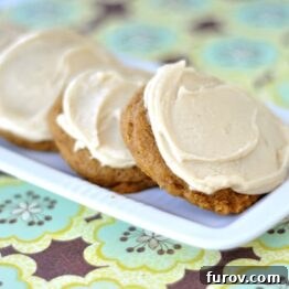 A top-down view of a single pumpkin cookie with caramel frosting, artfully presented.