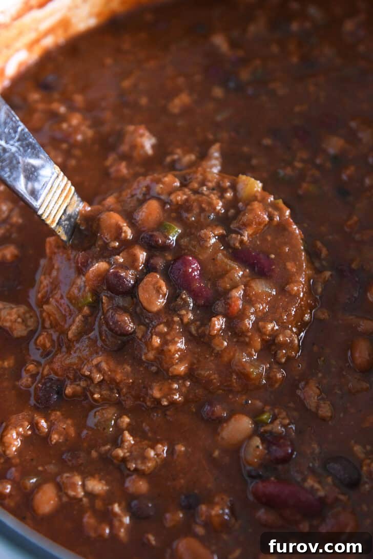 Ladle scooping beef and bean chili in cast iron pot.