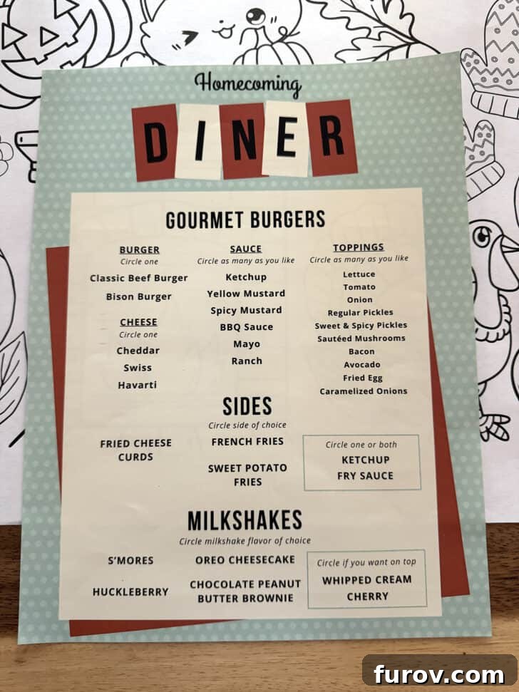 Custom menu for a Homecoming diner-themed dinner