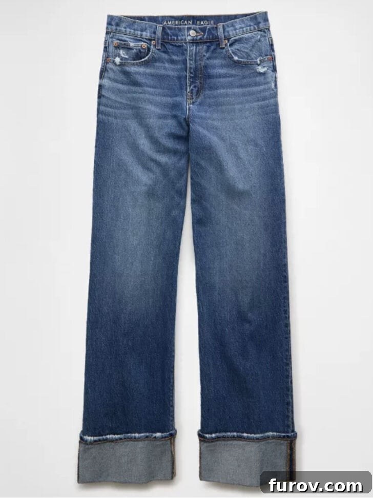 Close-up of the wide-leg jeans, showing fabric and fit