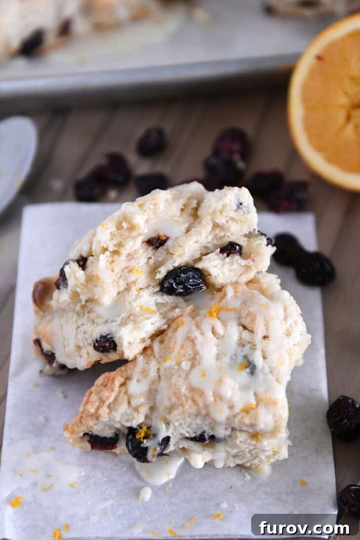 Sunburst Cranberry White Chocolate Scones 14 Cranberry orange scone in half and drizzled with glaze.