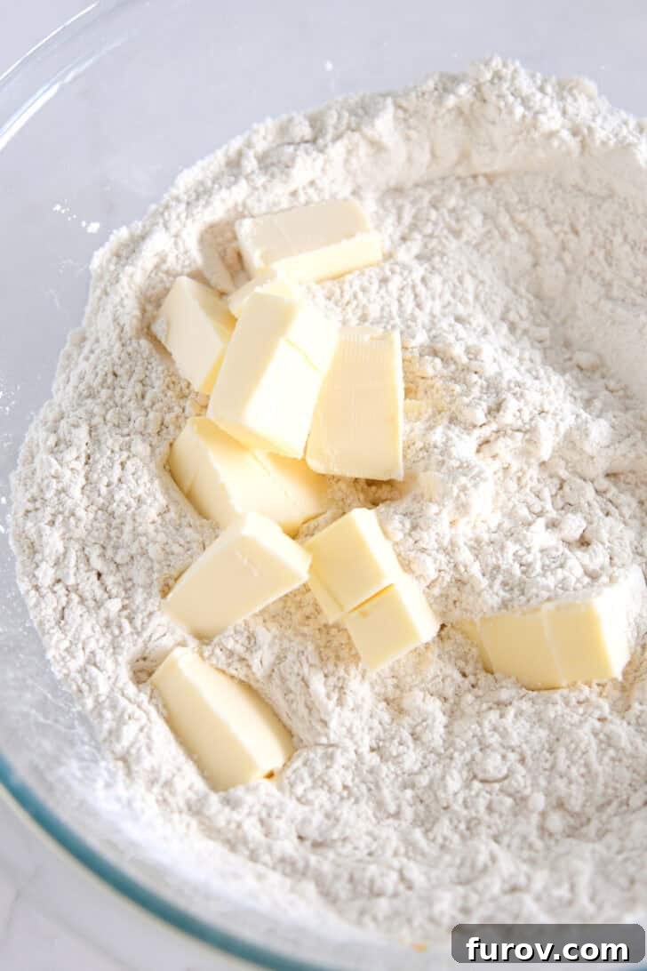 Sunburst Cranberry White Chocolate Scones 4 Bowl with flour and butter.