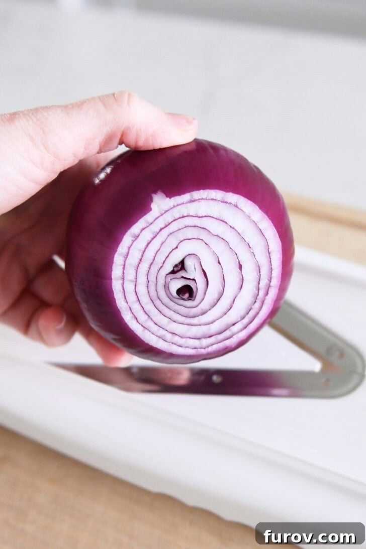 Red onion above mandoline slicer.