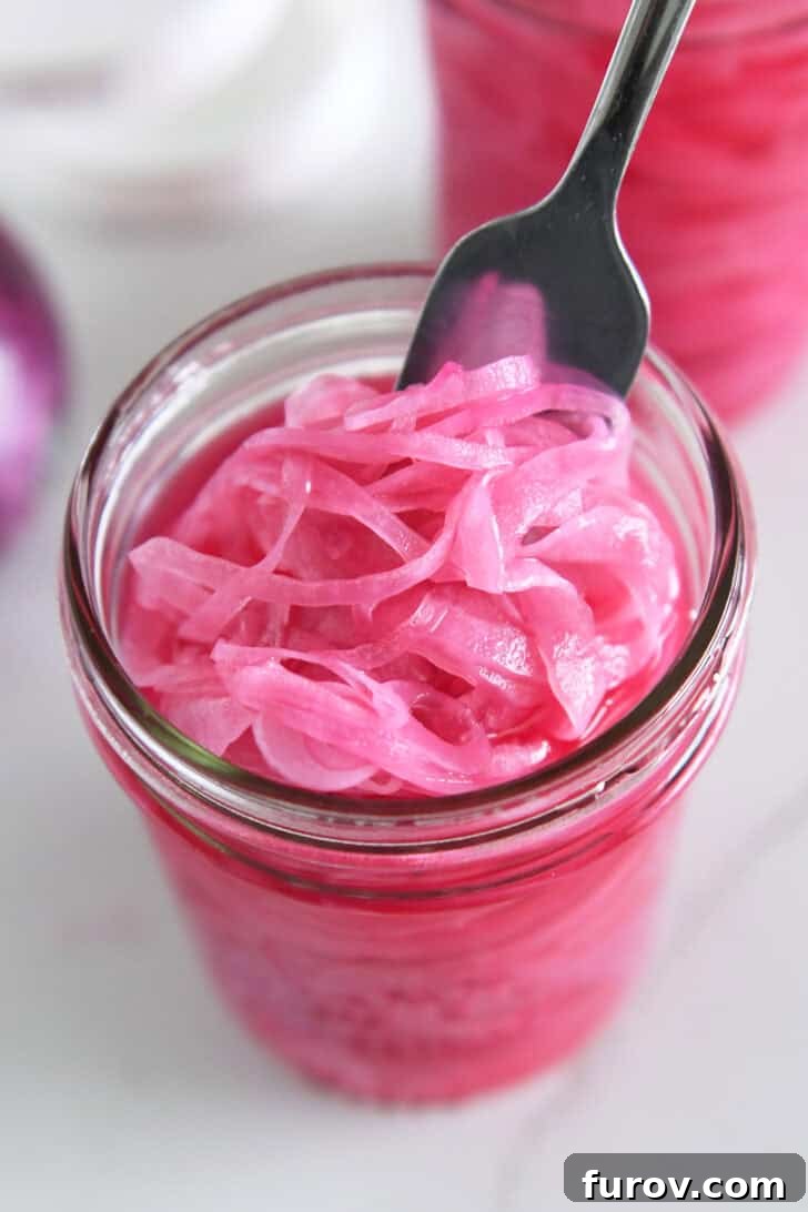 Fork grabbing forkful of thinly sliced pickled red onions.