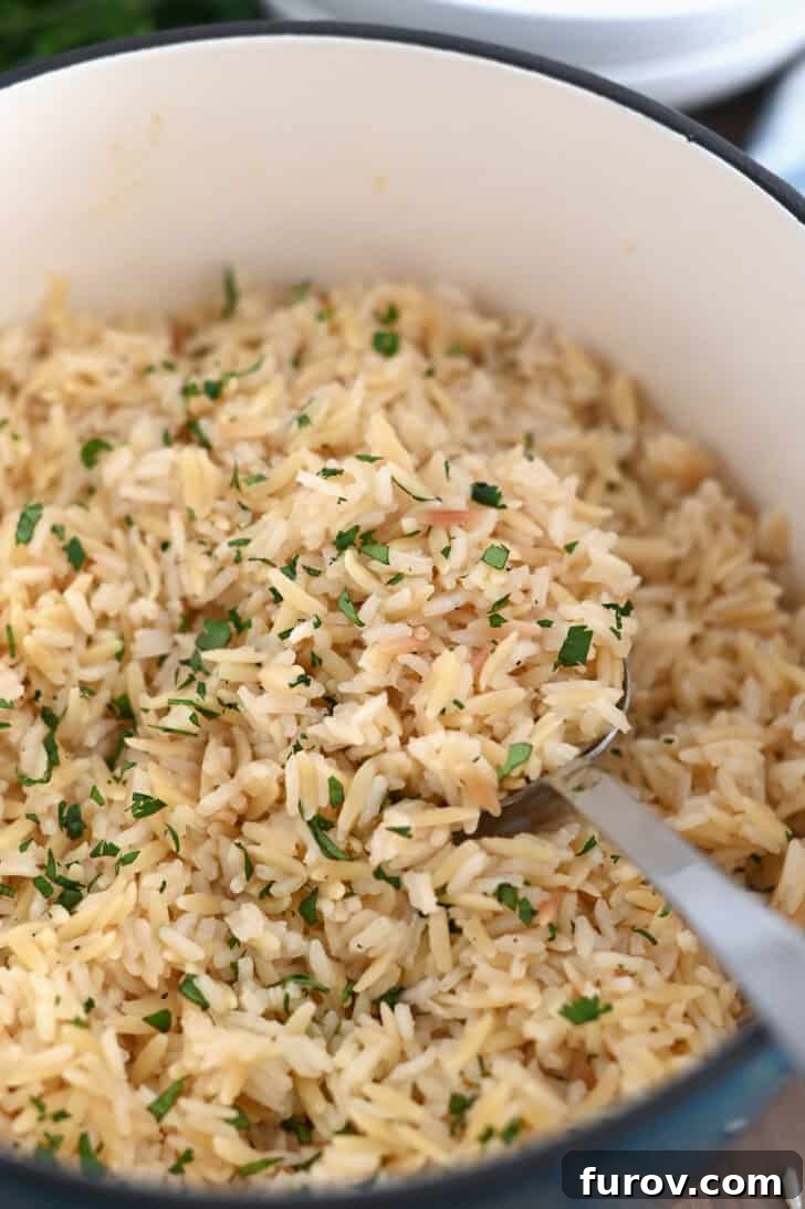 Serving spoon in cast iron pot with rice pilaf and fresh parsley.