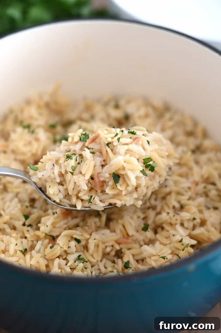 Serving spoon lifting rice pilaf in cast iron pot.