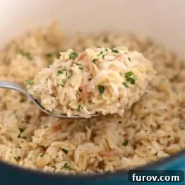 Serving spoon with rice pilaf in cast iron pot.