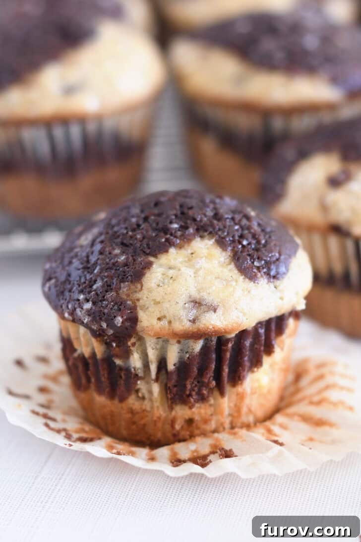 Marbled Chocolate Banana Muffins 2 A perfectly baked, unwrapped banana chocolate swirl muffin, showcasing its golden-brown top and visible chocolate swirls on a white muffin liner.