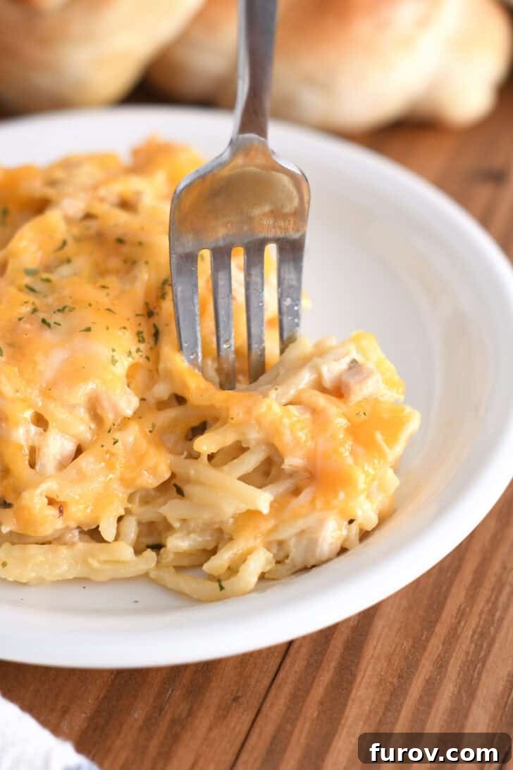 Fork taking bite from square of baked cheesy chicken spaghetti.