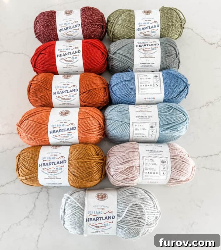 Various colored skeins of yarn, neatly arranged in rows, representing the different temperature ranges for a temperature blanket project.