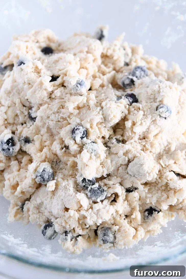Crumbly scone dough with visible blueberries in a glass bowl, demonstrating the perfect rustic consistency before shaping.