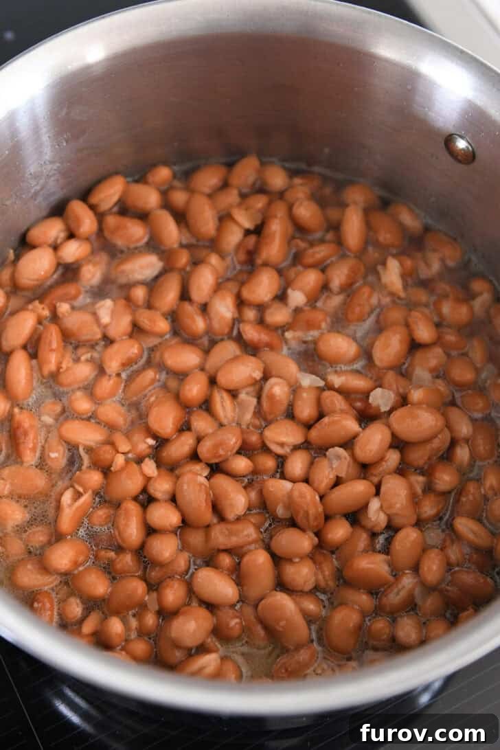 A stainless steel pot containing broth and rinsed canned pinto beans, ready for simmering to develop deep flavors.