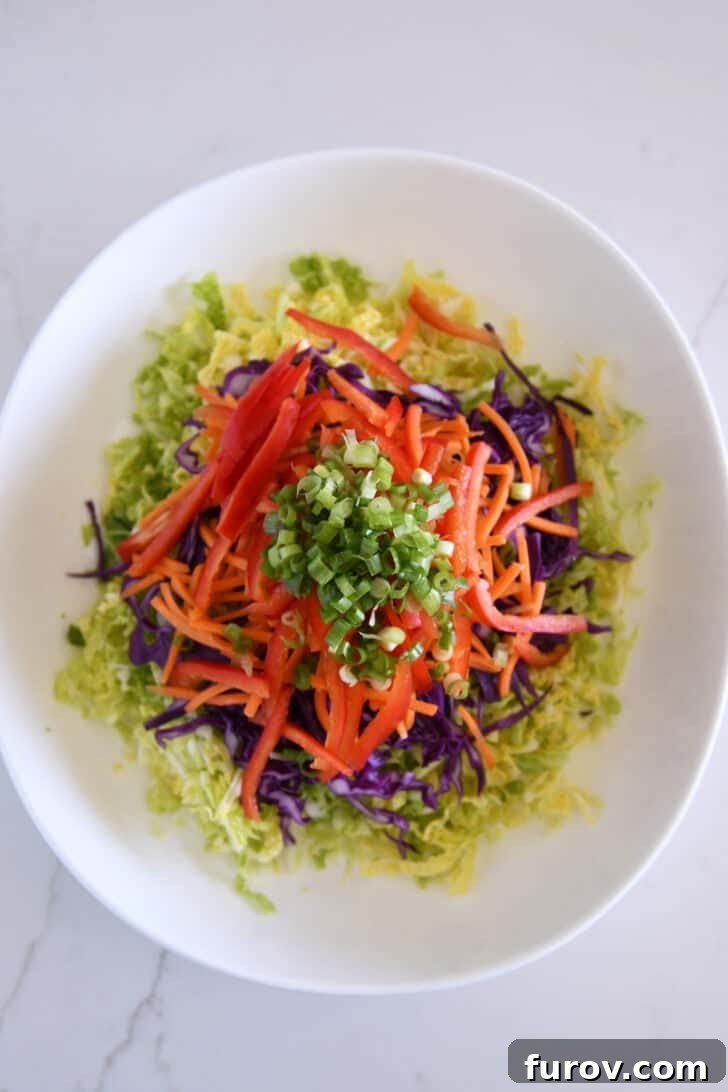 A white bowl brimming with chopped green onions, julienned red peppers, matchstick carrots, and sliced red and Napa cabbages.