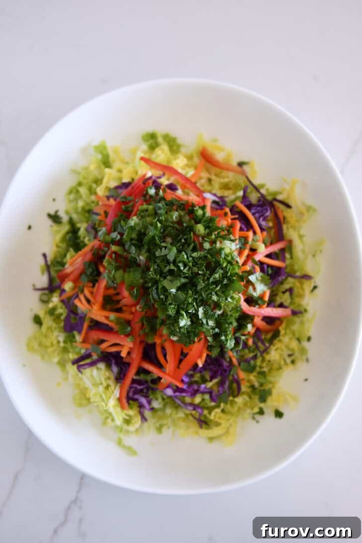 All the fresh ingredients for the Asian chicken salad, including chopped cilantro, green onions, matchstick carrots, red pepper, and both red and Napa cabbages, gathered in a spacious white bowl.