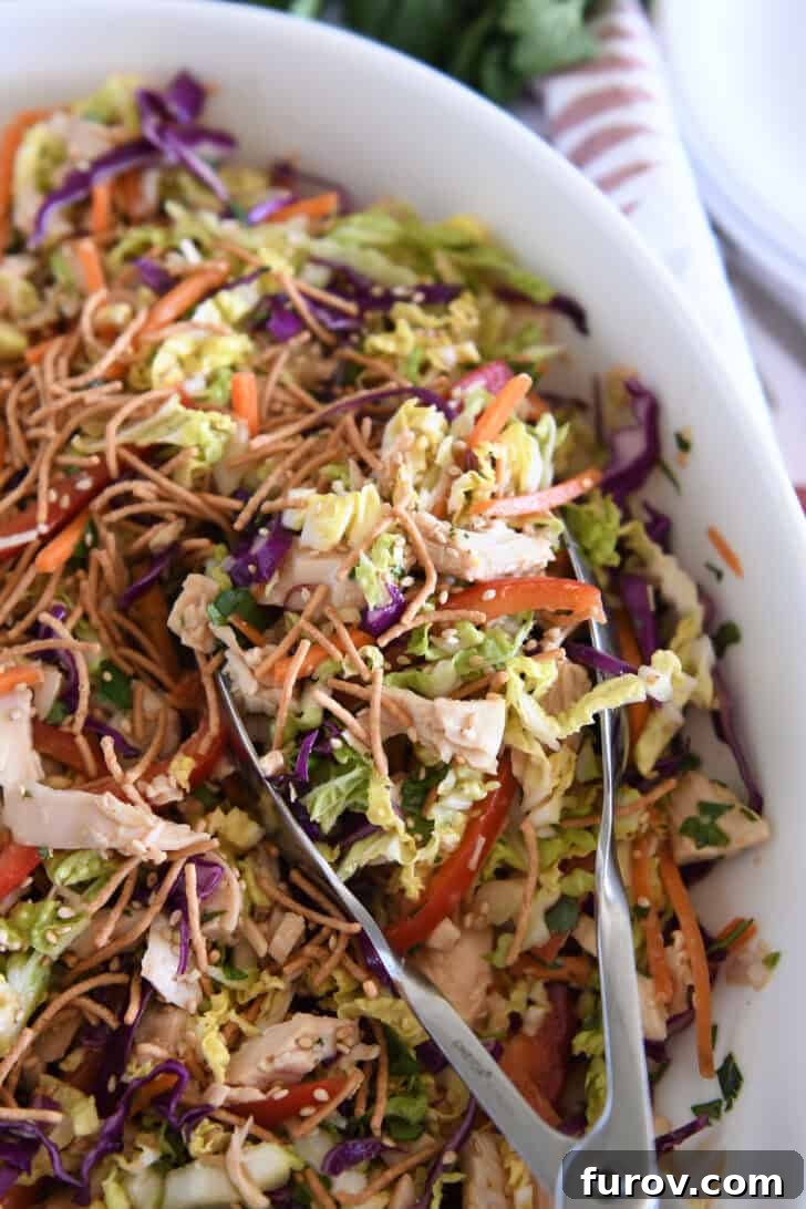 Salad tongs mixing Asian chicken salad ingredients and dressing in a white bowl, ensuring even coating.