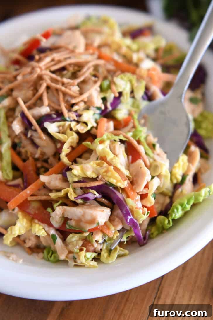 A fork scooping up a delectable portion of Asian chicken salad from a white plate, ready to be enjoyed.