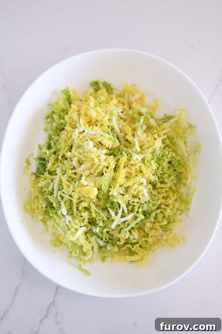 Finely shredded Napa cabbage elegantly arranged in a white bowl, forming the base of the salad.