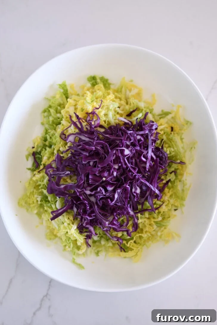 A mix of thinly sliced red and Napa cabbage in a white bowl, adding color and texture.