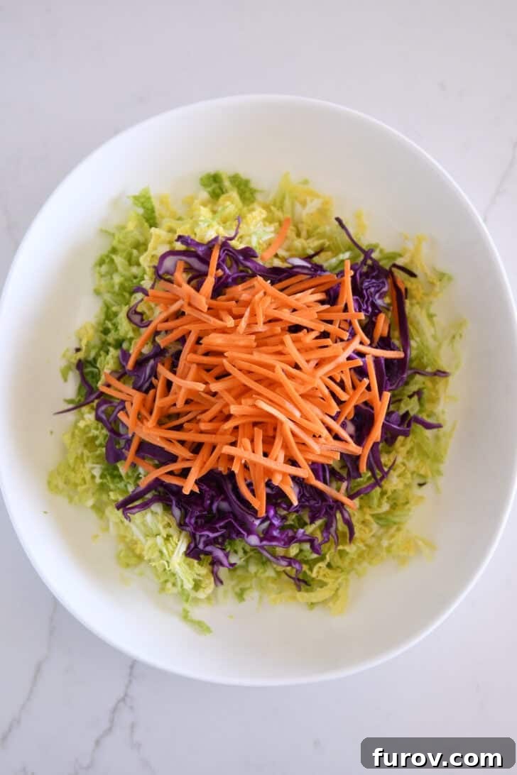 Thinly chopped carrots added to a bowl with red and Napa cabbage, enhancing the vibrant mix.