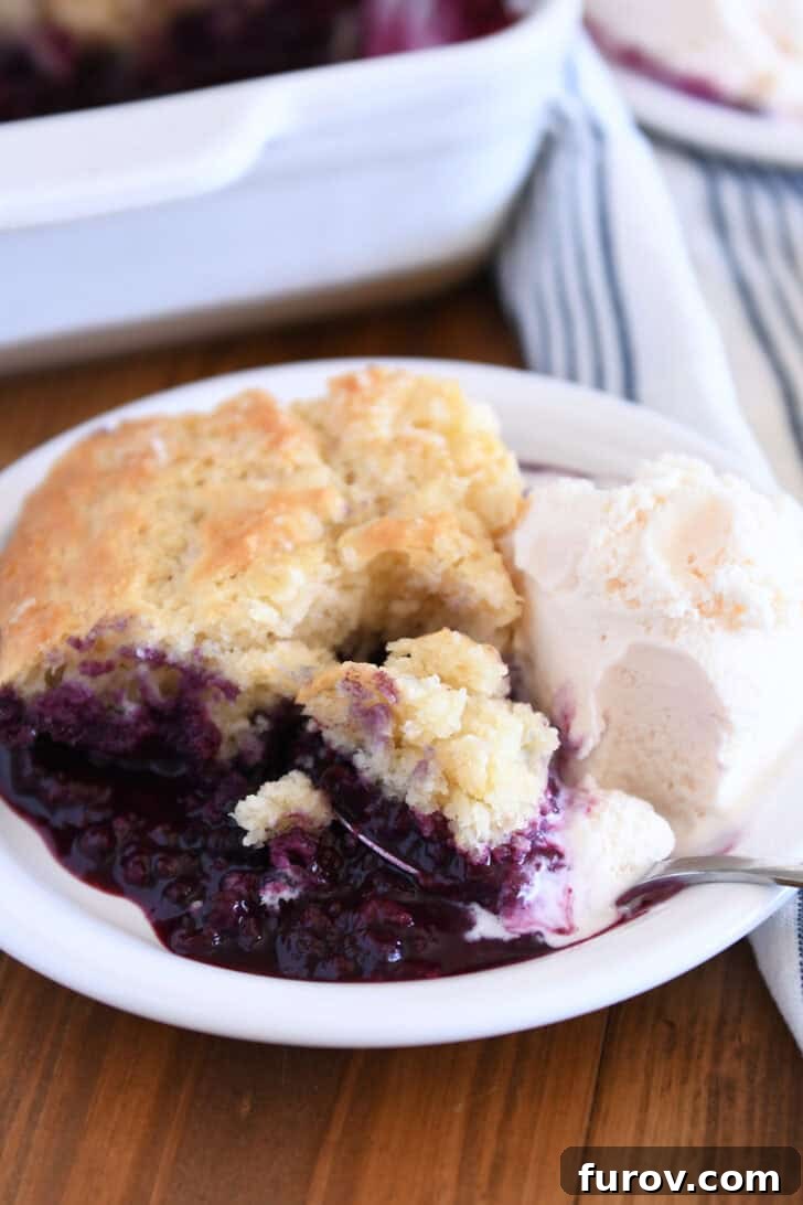 The Ultimate Triple Berry Cobbler with an Unforgettable Topping 2 A serving of triple berry cobbler on a white plate, beautifully garnished with a melting scoop of vanilla ice cream, ready to be enjoyed.