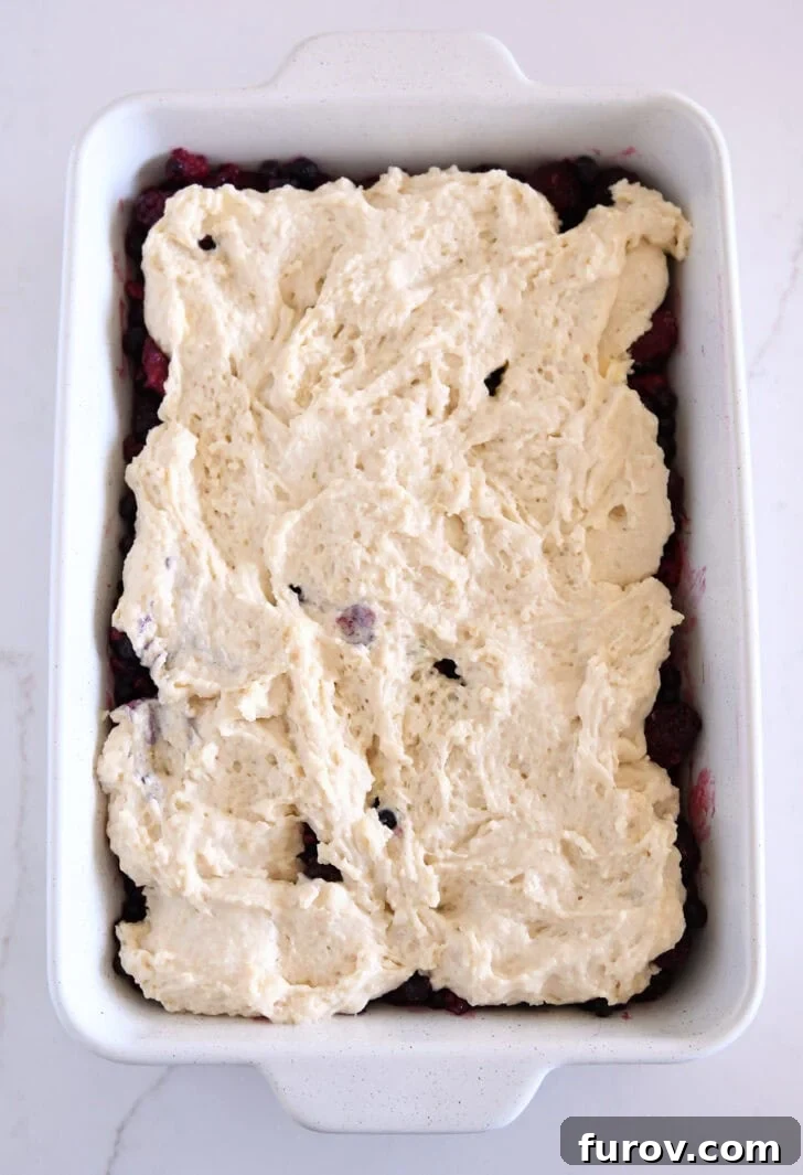The Ultimate Triple Berry Cobbler with an Unforgettable Topping 7 Cobbler batter artfully dolloped and spread over the vibrant triple berry mixture in a white baking dish, ready for the oven.