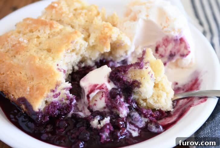 The Ultimate Triple Berry Cobbler with an Unforgettable Topping 9 A close-up shot of a single serving of triple berry cobbler on a white plate, complemented by a scoop of luscious vanilla ice cream, highlighting its inviting texture and vibrant colors.