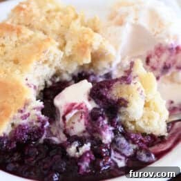 Triple berry cobbler on white plate with vanilla ice cream.